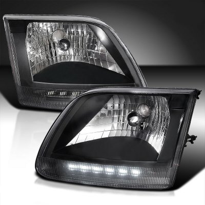 Ford F150 1997-2003 Black Crystal Headlights with LED DRL