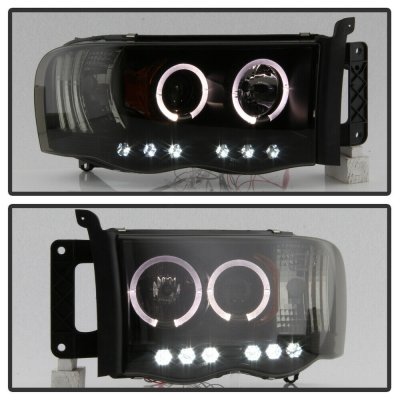 Dodge Ram 2002-2005 Black Smoked Halo Projector Headlights with LED