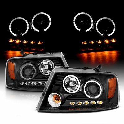Ford F150 2004-2008 Black Projector Headlights with Dual Halo and LED