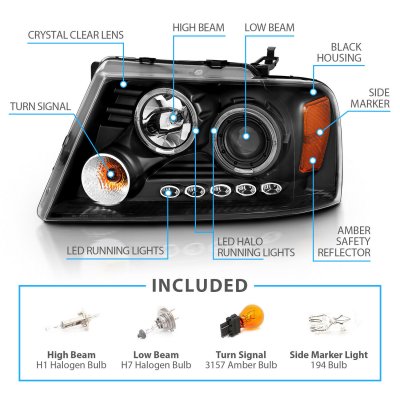 Ford F150 2004-2008 Black Projector Headlights with Dual Halo and LED