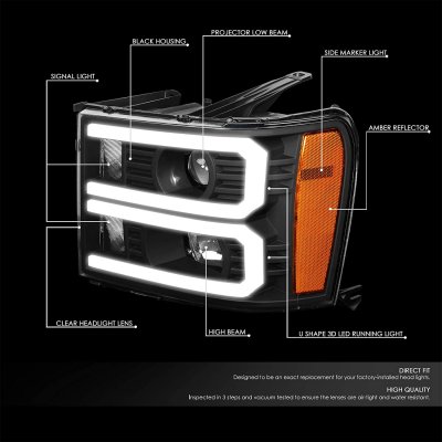 GMC Sierra 2007-2013 Black Dual LED DRL Projector Headlights