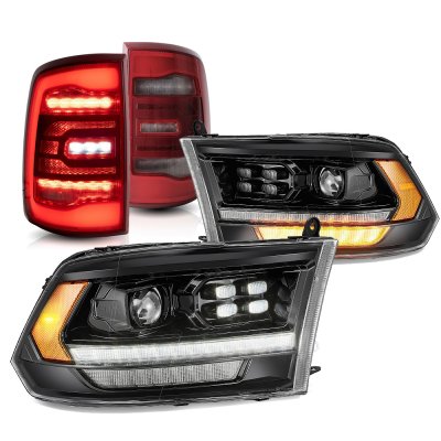 Dodge Ram 2500 2010-2018 5th Gen Black Smoked Projector Headlights Red LED Tail Lights