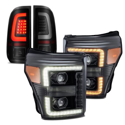 Ford F350 Super Duty 2011-2016 Black Smoked DRL Projector Headlights LED Tail Lights