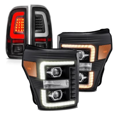 Ford F350 Super Duty 2011-2016 Black DRL Dynamic Signal Projector Headlights LED Tail Lights