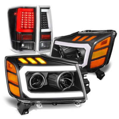 Nissan Titan 2004-2015 Black DRL Projector Headlights LED Tail Lights