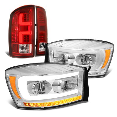 thumbnail interactive-video image 1 of Alpharex LED Projector Headlights For 2006-2008 Dodge Ram 1500 2500 3500 | Chrome Housing With DRL Strips 1 of 4