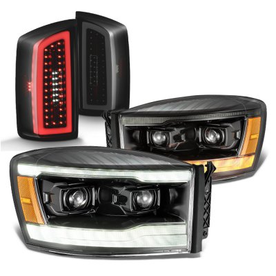 Dodge Ram 2007-2008 Black Smoked New DRL Projector Headlights LED Tail Lights