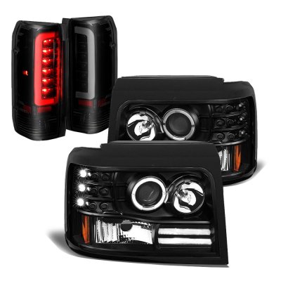 Ford F250 1992-1996 Black Halo Projector Headlights Tinted Tube LED Tail Lights