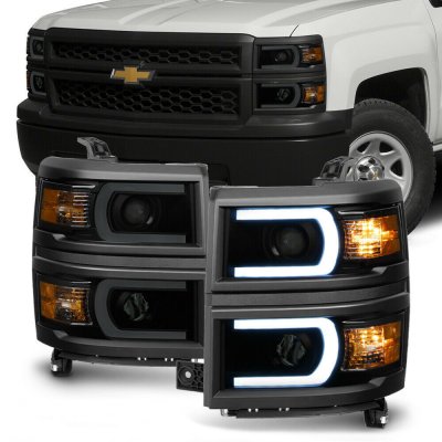 Chevy Silverado 1500 2014-2015 Black Smoked LED DRL Tube Projector Headlights