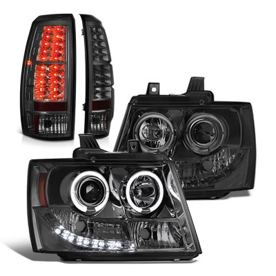 Fits 2007-2013 Chevy Avalanche Halo LED Smoked Headlights+Dark Red Tail Lights