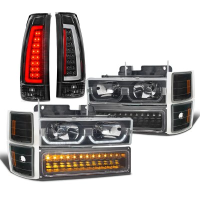 Chevy 3500 Pickup 1994-1998 Black LED DRL Headlights Bumper Lights Tail Lights