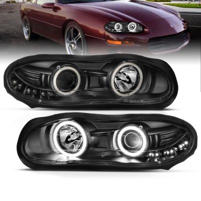 Chevy Camaro 1998-2002 Black Projector Headlights Halo and LED