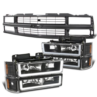 Chevy Tahoe 1995-1999 Black Grille LED DRL Headlights Bumper Lights