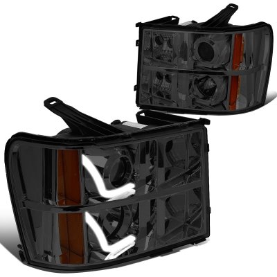 GMC Sierra 2007-2013 Smoked Halo Bar Projector Headlights LED DRL
