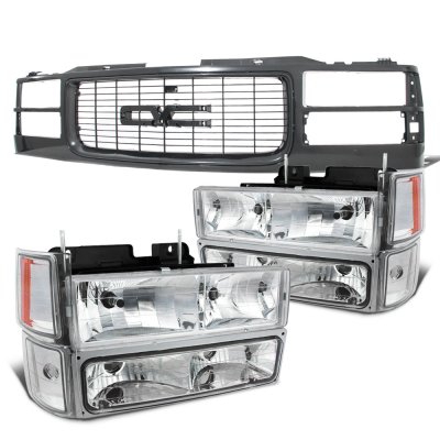 GMC Sierra 1994-1998 Black Grille Clear Headlights Set