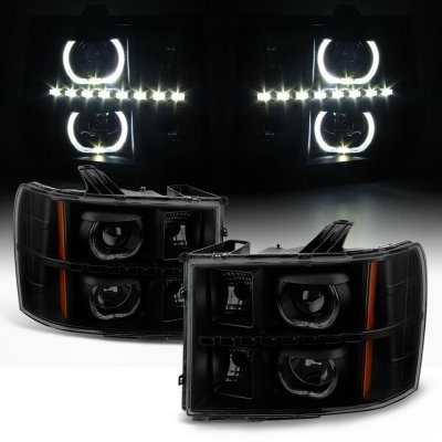 GMC Sierra 3500HD 2007-2013 Black Smoked Halo Projector Headlights LED