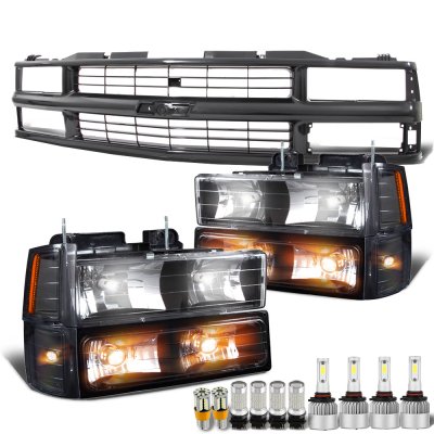 Chevy 3500 Pickup 1988-1993 Black Grille Headlights LED Bulbs Complete Kit Conversion