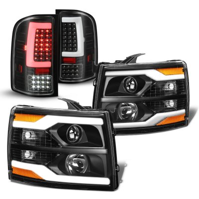 Chevy Silverado 2007-2013 Black Facelift DRL Projector Headlights LED Tail Lights