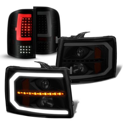 Chevy Silverado 2500HD 2007-2014 Black Smoked LED DRL Projector Headlights LED Tail Lights