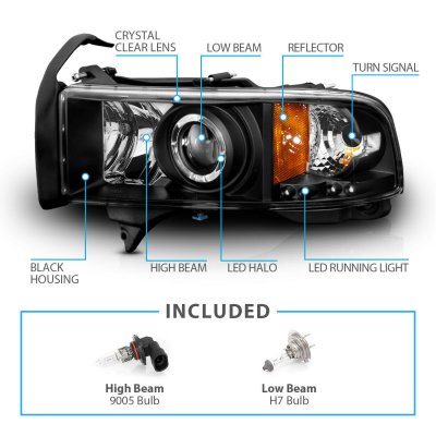 Dodge Ram 1994-2001 Projector Headlights Black Halo LED