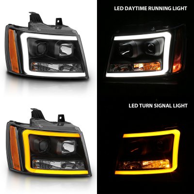 Chevy Suburban 2007-2014 Black DRL Projector Headlights LED DRL Dynamic Signal