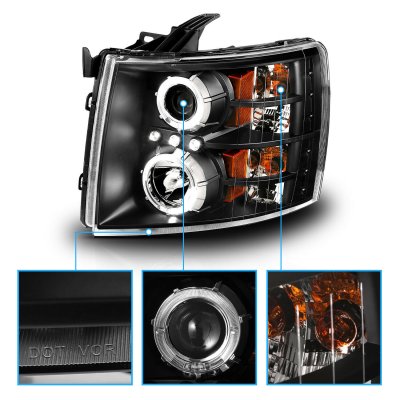 Chevy Silverado 2007-2013 Black Projector Headlights Halo LED