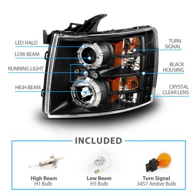 Chevy Silverado 2007-2013 Black Projector Headlights Halo LED