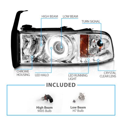Dodge Ram 1994-2001 Clear Projector Headlights Halo and LED
