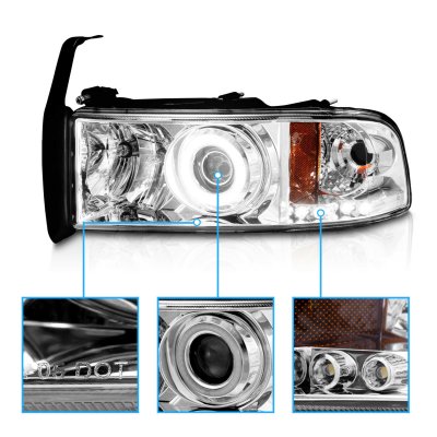 Dodge Ram 2500 1994-2001 Clear Projector Headlights Halo and LED