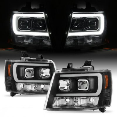 Chevy Avalanche 2007-2013 Black LED Tube DRL Projector Headlights