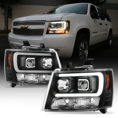 Chevy Avalanche 2007-2013 Black LED Tube DRL Projector Headlights