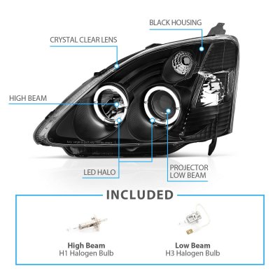 Honda Civic Hatchback 2002-2005 Projector Headlights Black Halo
