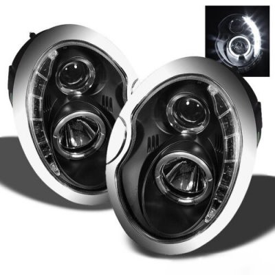 Mini Cooper 2007-2008 Black Halo Projector Headlights with LED Daytime Running Lights