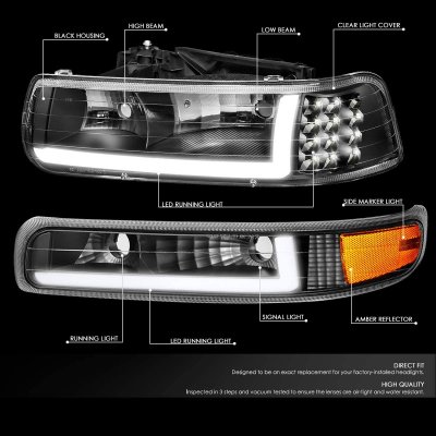 Chevy Silverado 3500 2001-2002 Black LED Tube DRL Headlights Set