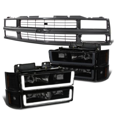 Chevy 1500 Pickup 1994-1998 Black Grille Black Smoked LED DRL Headlights Bumper Lights