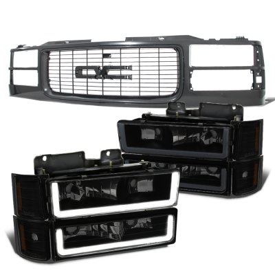 GMC Suburban 1994-1999 Black Grille Black Smoked LED DRL Headlights Bumper Lights