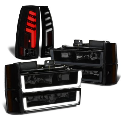 Chevy 3500 Pickup 1988-1993 Black Smoked DRL Headlights Set Custom Tube LED Tail Lights