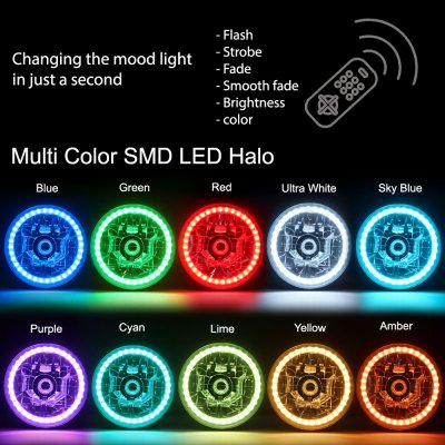 Chrysler Newport 1965-1978 Color LED Halo Black Sealed Beam Headlight Conversion Remote