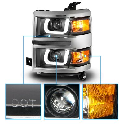 Maxcomotors Black Projector Headlights For 2014-2015 Chevy Silverado 1500 – Halogen, Clear Lens, Pair