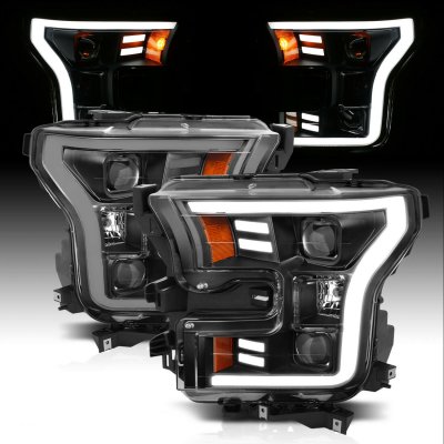 Black Projector Headlights For 2015-2017 Ford F-150 - LED Turn Signal, H7 Bulbs Included