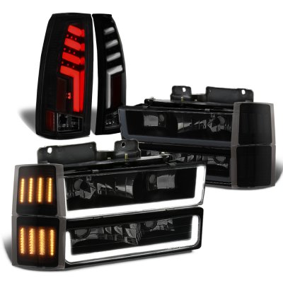 Chevy 1500 Pickup 1994-1998 Black Smoked DRL Headlights Marker Set Custom Tube LED Tail Lights
