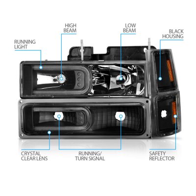 Chevy 3500 Pickup 1994-1998 Black Headlights Bumper Lights DRL