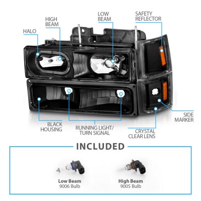 Chevy 1500 Pickup 1994-1998 Black Halo Headlights Set