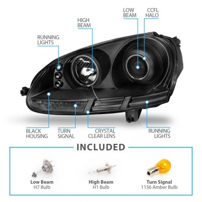 VW Rabbit 2006-2009 Black Projector Headlights LED Halo