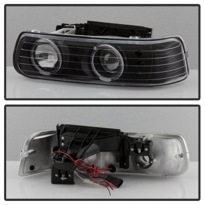 Chevy Silverado 1999-2002 Black LED Halo Projector Headlights Bumper Lights