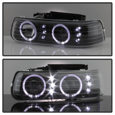 Chevy Silverado 1999-2002 Black LED Halo Projector Headlights Bumper Lights