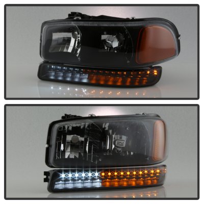 GMC Yukon XL 2000-2006 Black Headlights LED Bumper Lights