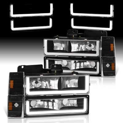 Chevy 3500 Pickup 1988-1993 Black LED DRL Headlights Bumper Lights