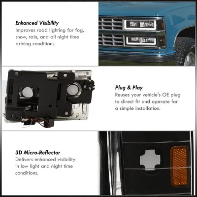 Chevy 3500 Pickup 1988-1993 Black LED DRL Headlights Bumper Lights