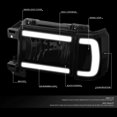 Ford F150 1987-1991 Black Smoked LED Tube DRL Headlights